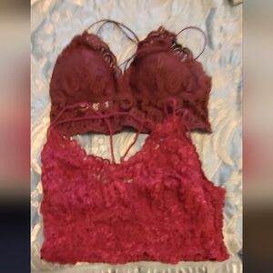 Free People Lace Bralette Set in Burgundy Red